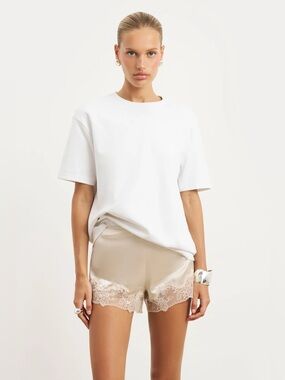 NWT! Because of Alice (boa.) SATIN LACE DETAIL SHORTS in Champagne- Sold out!